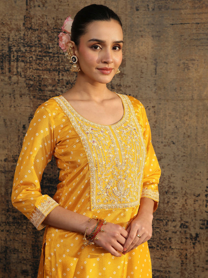 Mustard Bandhani Printed Chinon Straight Suit Set With Dupatta