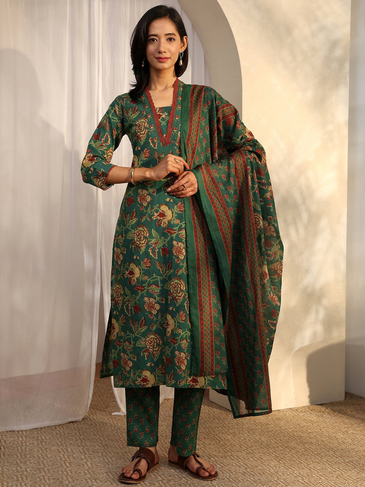 Green Printed Cotton Straight Suit Set With Dupatta