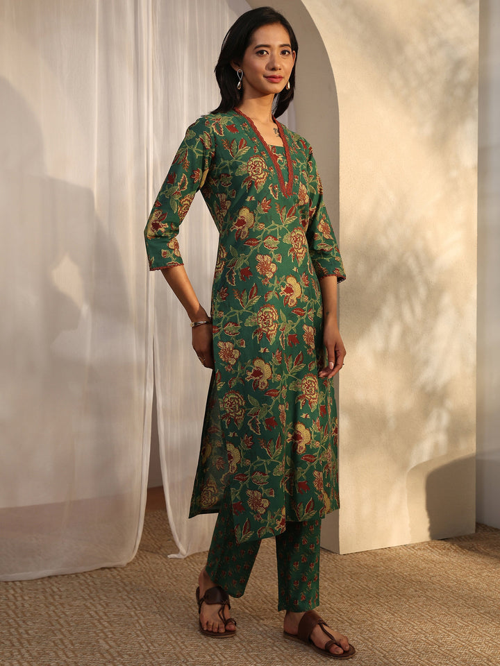 Green Printed Cotton Straight Suit Set With Dupatta