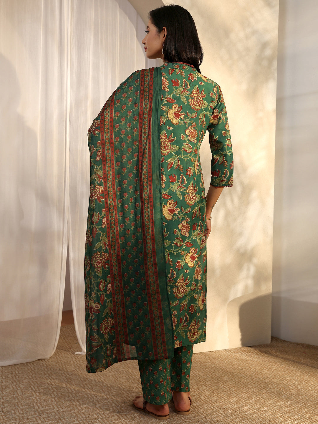 Green Printed Cotton Straight Suit Set With Dupatta