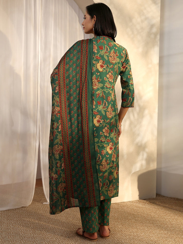 Green Printed Cotton Straight Suit Set With Dupatta