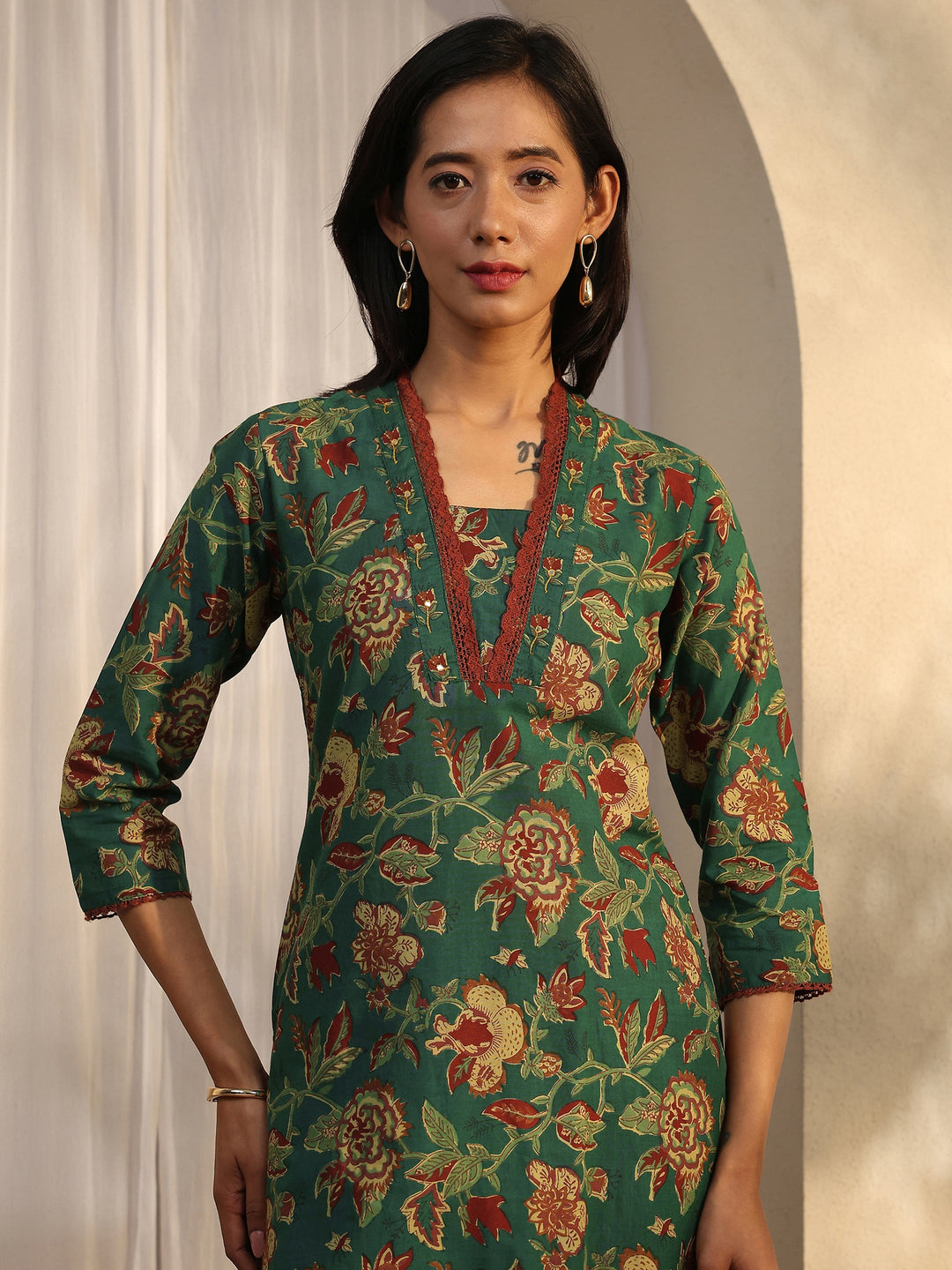 Green Printed Cotton Straight Suit Set With Dupatta