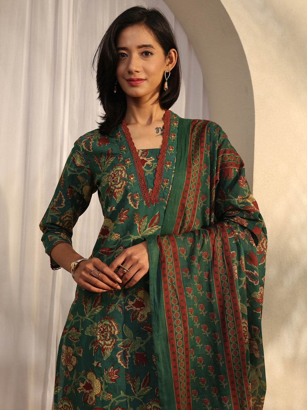 Green Printed Cotton Straight Suit Set With Dupatta
