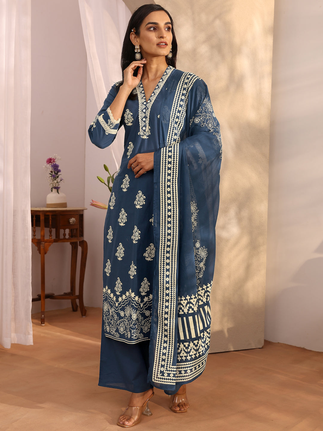 Blue Printed Cotton Straight Suit Set With Dupatta