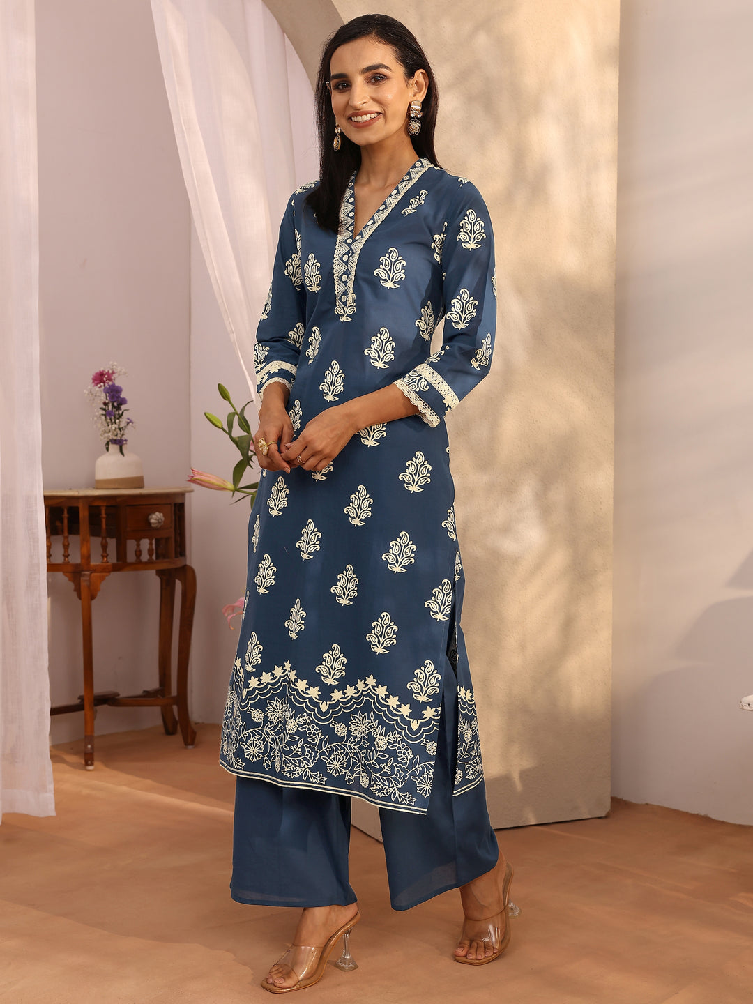 Blue Printed Cotton Straight Suit Set With Dupatta
