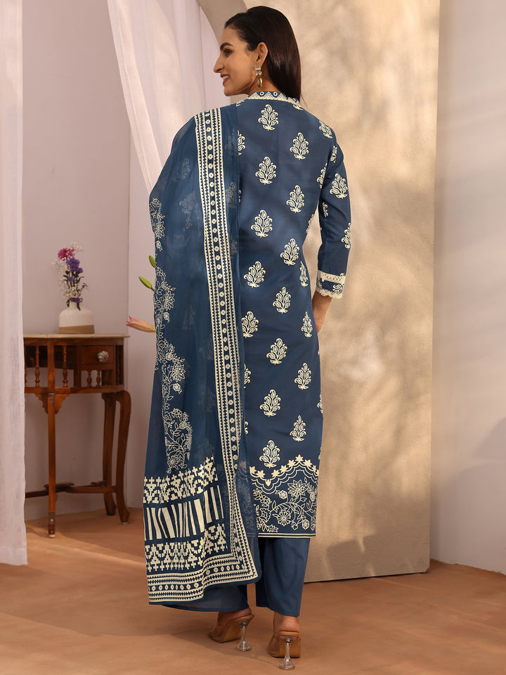 Blue Printed Cotton Straight Suit Set With Dupatta