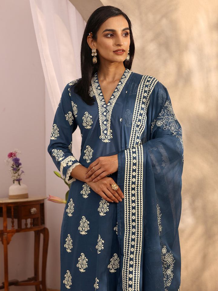 Blue Printed Cotton Straight Suit Set With Dupatta