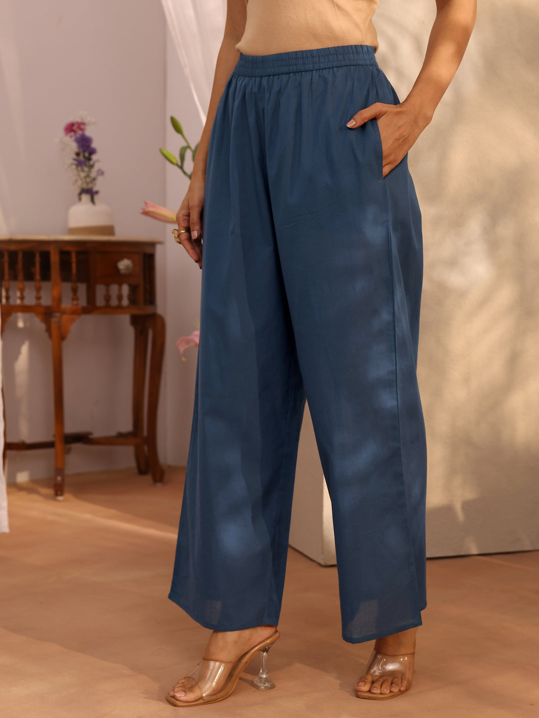 Blue Printed Cotton Straight Suit Set With Dupatta