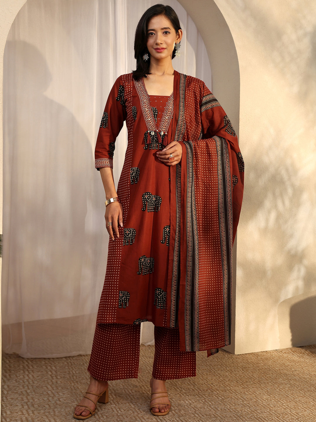 Red Tribal Printed Cotton Straight Suit Set With Dupatta