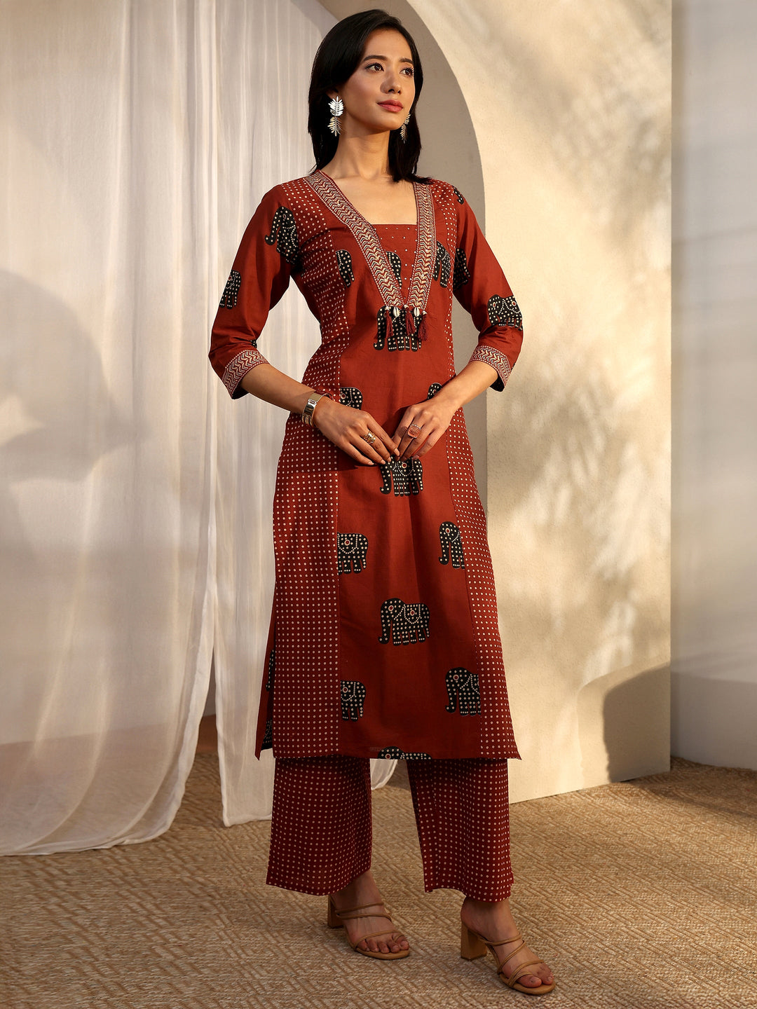 Red Tribal Printed Cotton Straight Suit Set With Dupatta