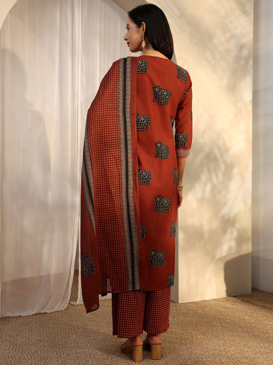 Red Tribal Printed Cotton Straight Suit Set With Dupatta