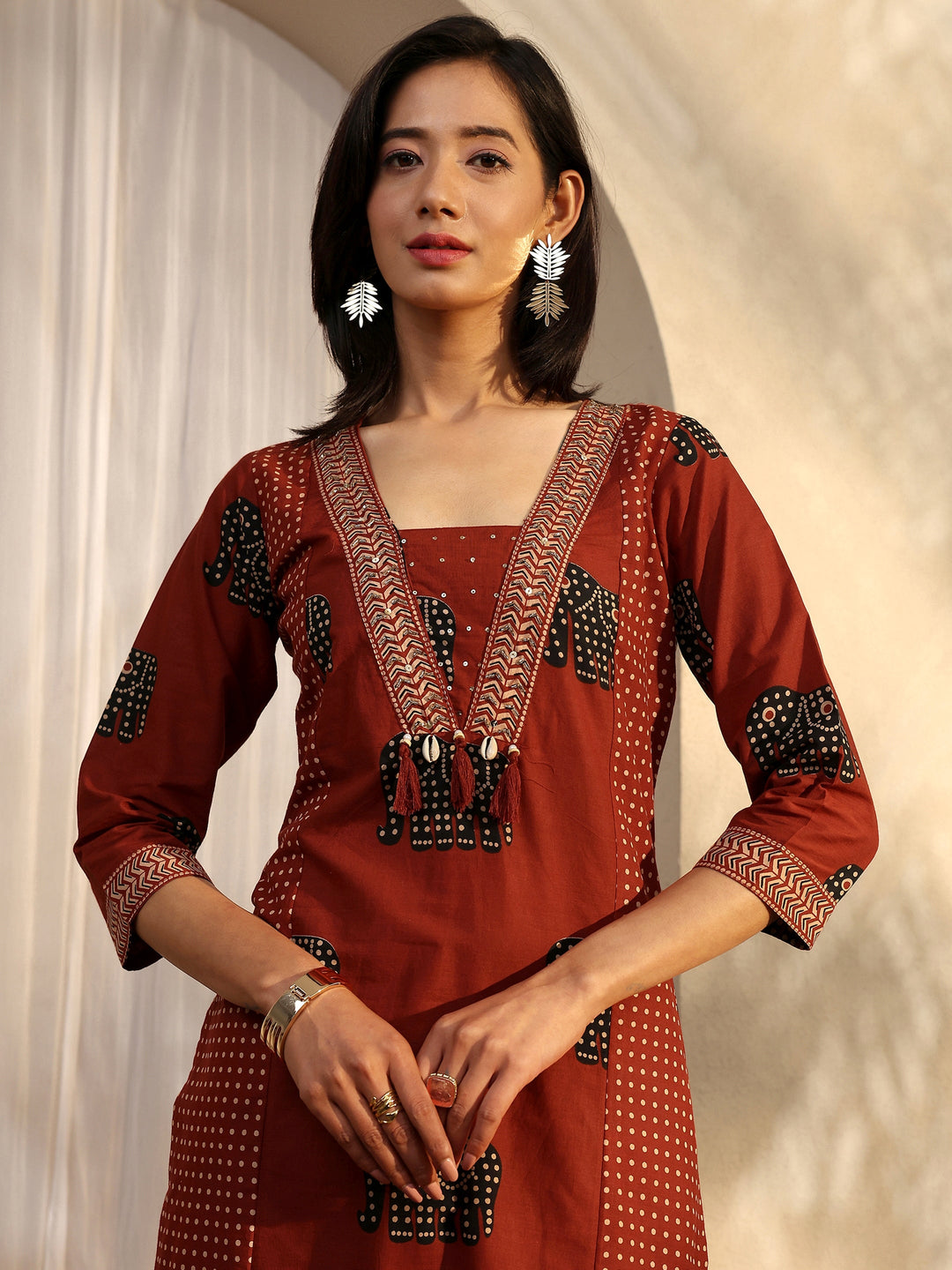 Red Tribal Printed Cotton Straight Suit Set With Dupatta