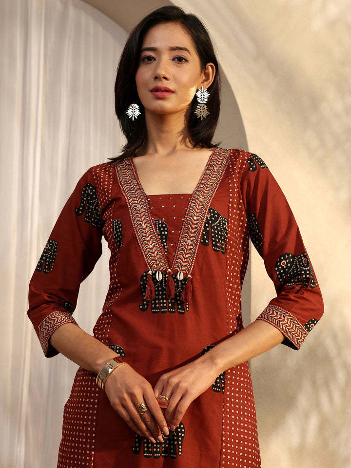 Red Tribal Printed Cotton Straight Suit Set With Dupatta