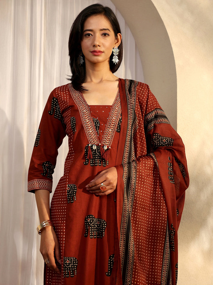 Red Tribal Printed Cotton Straight Suit Set With Dupatta
