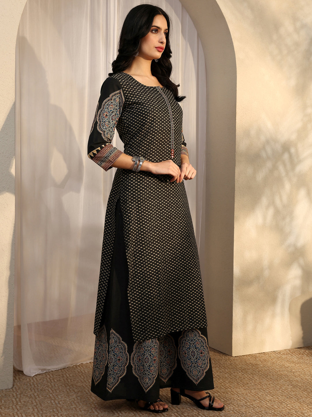 Black Printed Cotton Straight Suit Set With Dupatta