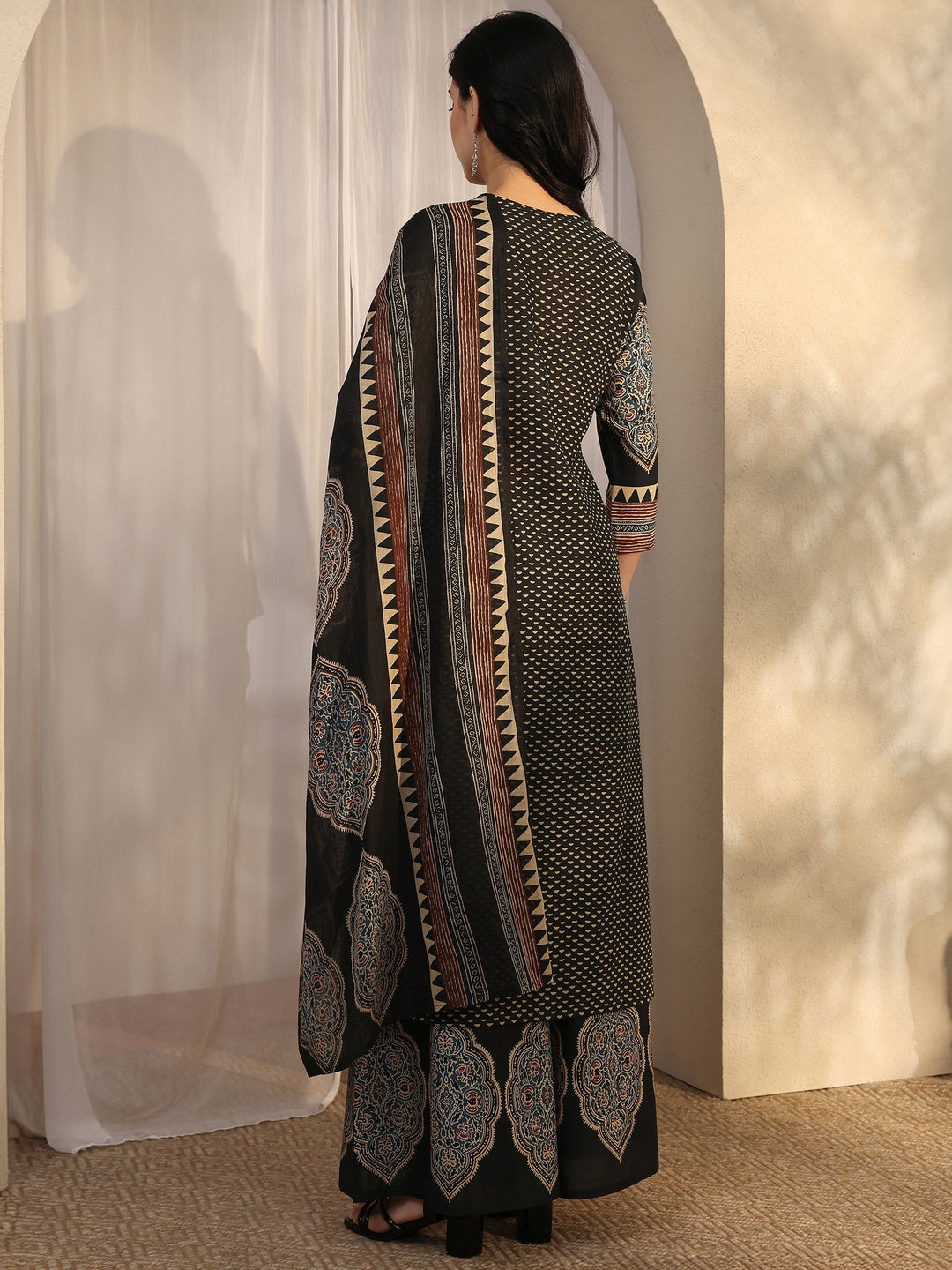 Black Printed Cotton Straight Suit Set With Dupatta