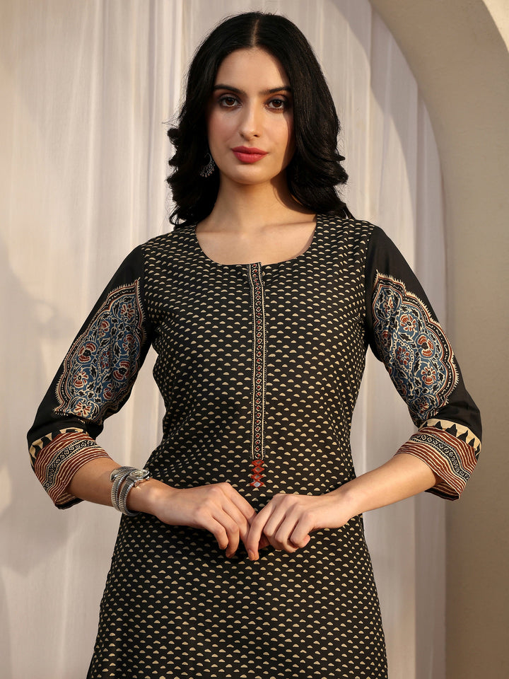 Black Printed Cotton Straight Suit Set With Dupatta
