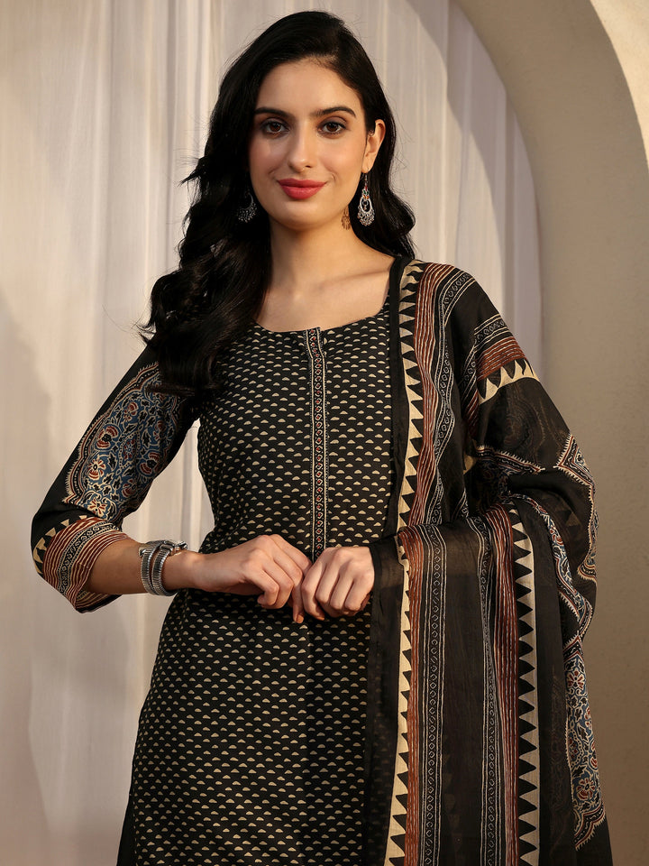 Black Printed Cotton Straight Suit Set With Dupatta