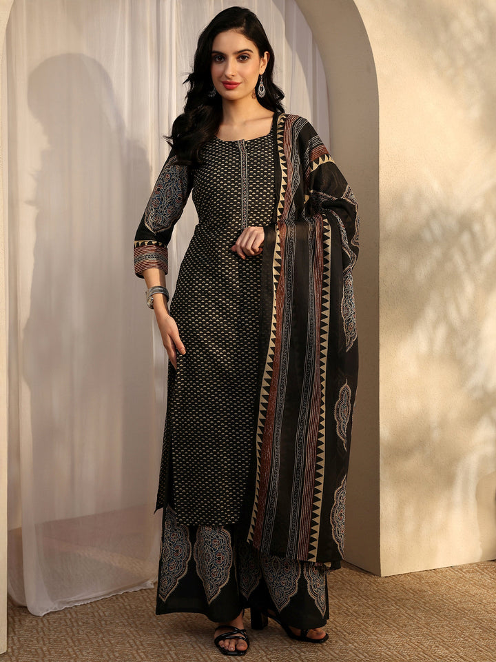 Black Printed Cotton Straight Suit Set With Dupatta
