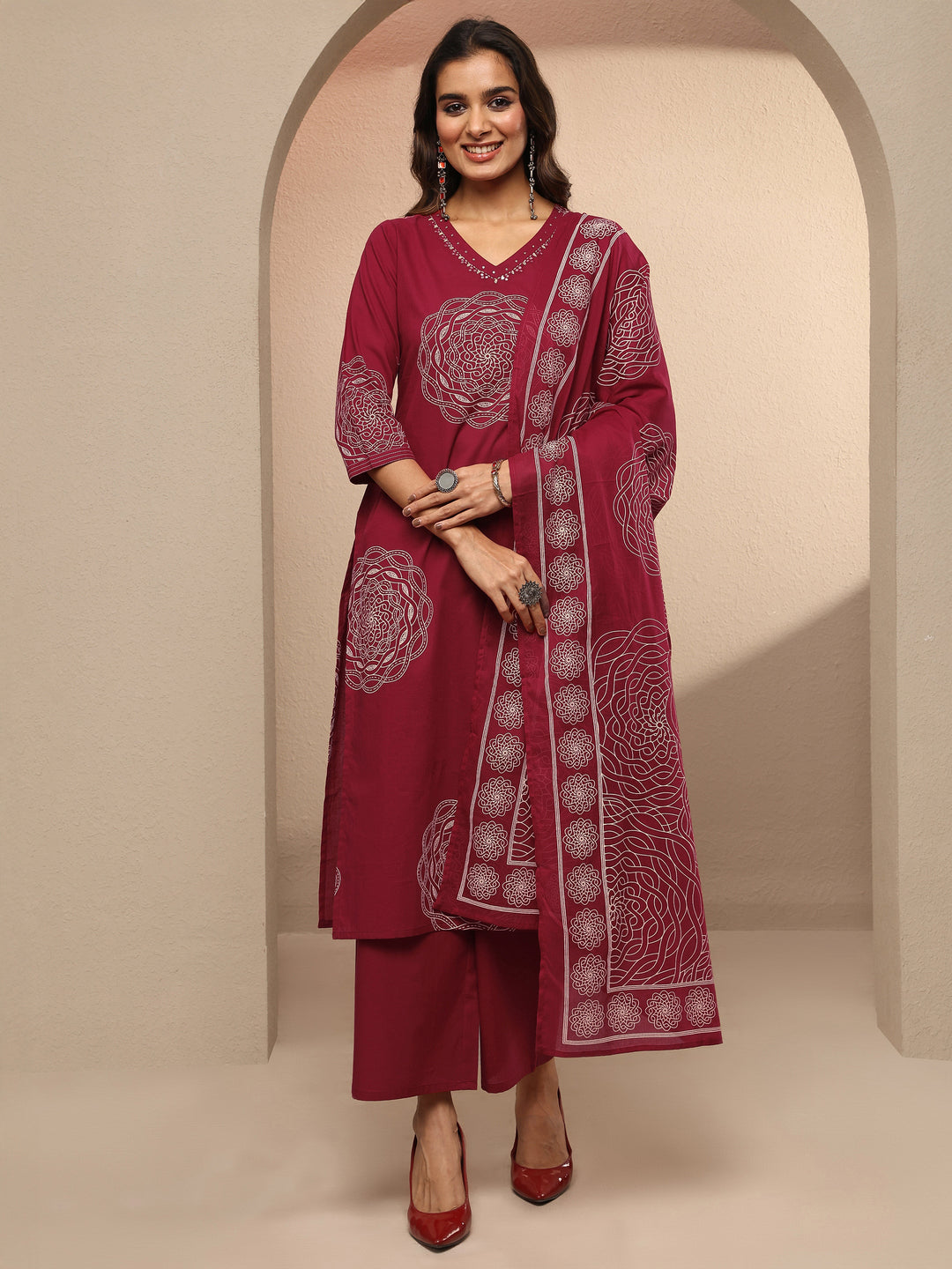 Red Printed Cotton Straight Suit Set With Dupatta