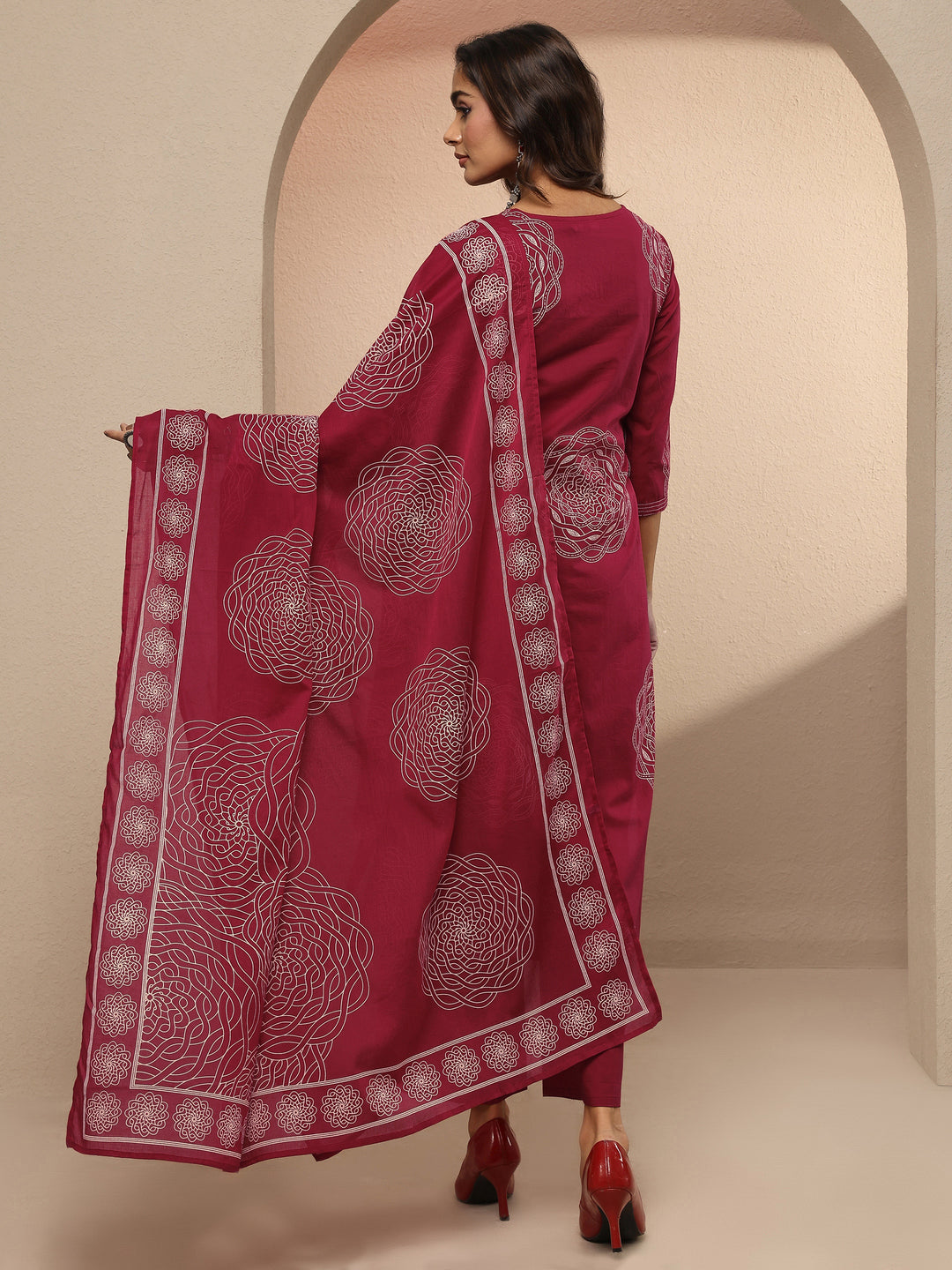 Red Printed Cotton Straight Suit Set With Dupatta