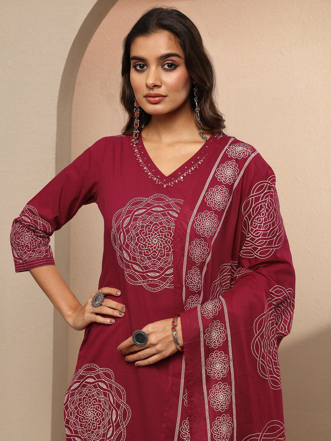 Red Printed Cotton Straight Suit Set With Dupatta