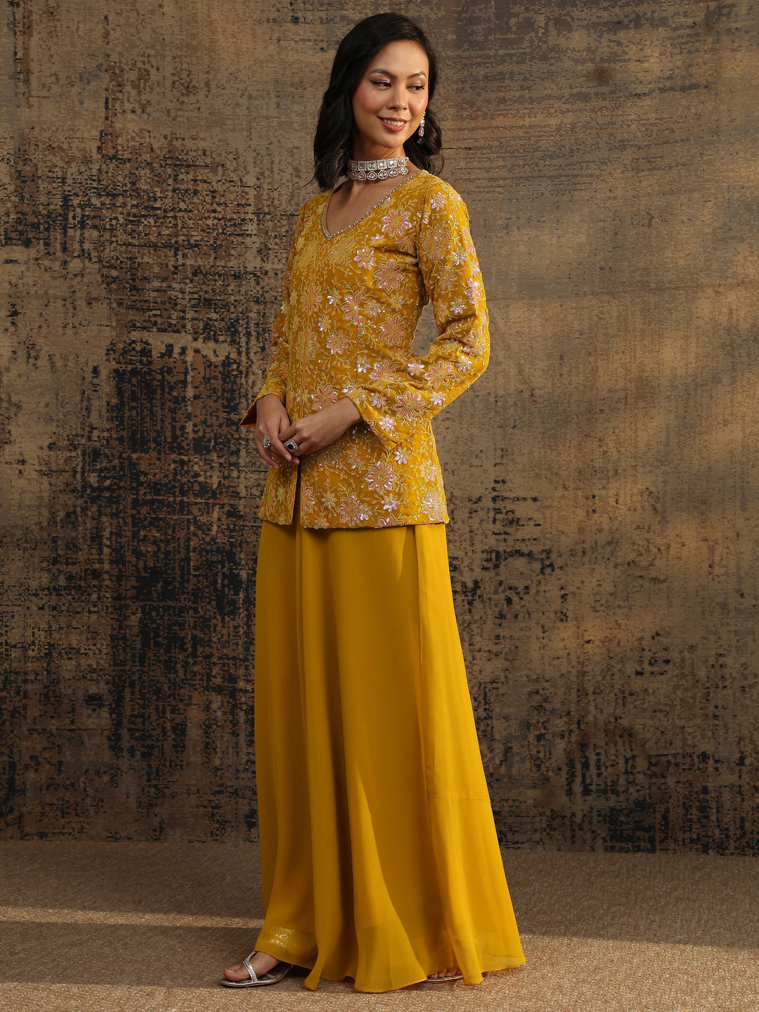 Libas Art Mustard Printed Cotton Blend A-Line Suit Set With Dupatta