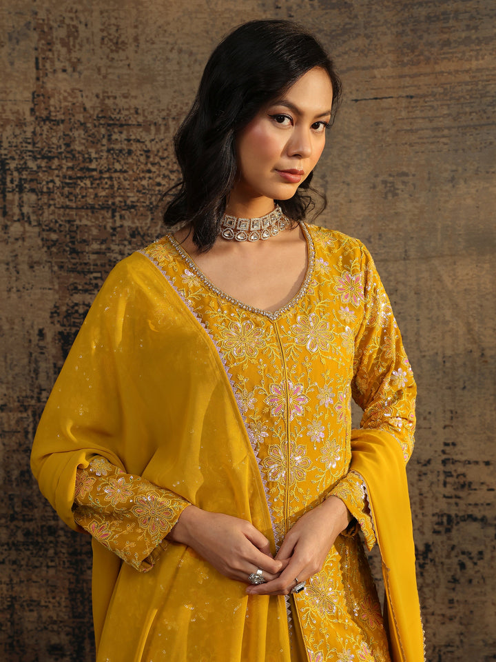 Libas Art Mustard Printed Cotton Blend A-Line Suit Set With Dupatta
