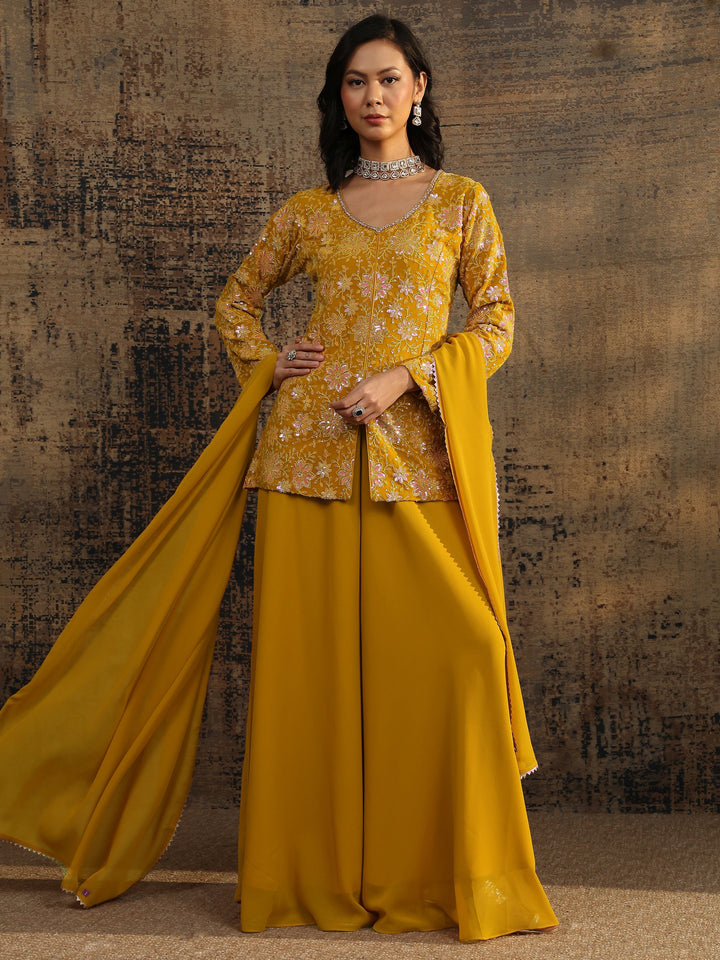 Libas Art Mustard Printed Cotton Blend A-Line Suit Set With Dupatta