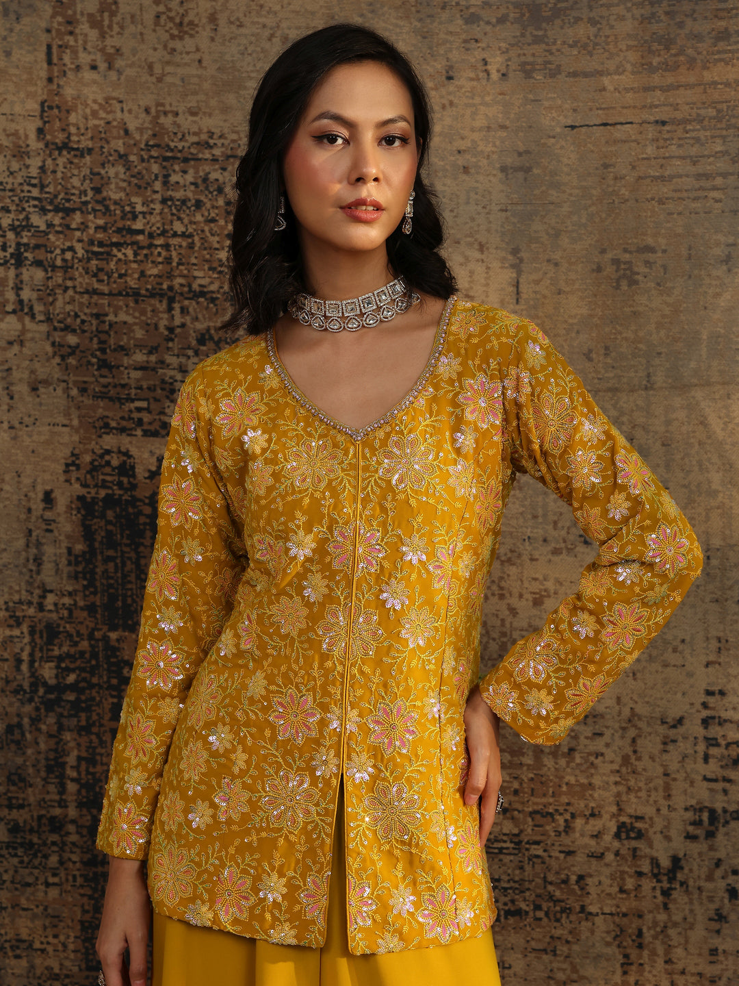 Libas Art Mustard Printed Cotton Blend A-Line Suit Set With Dupatta