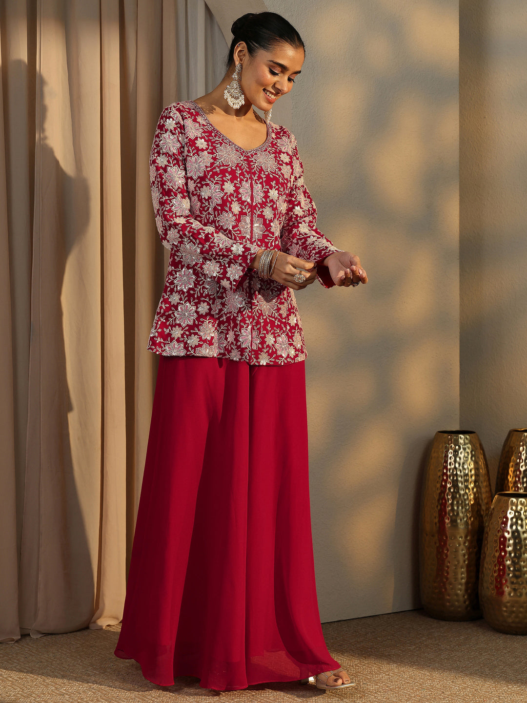 Libas Art Red Embroidered Georgette Straight Suit Set With Dupatta