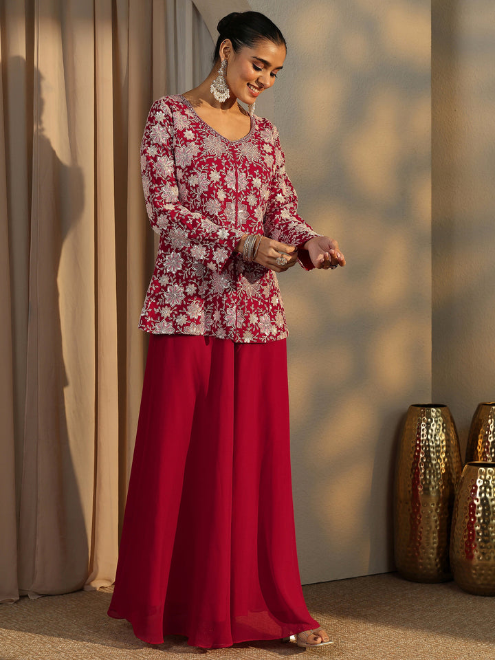 Libas Art Red Embroidered Georgette Straight Suit Set With Dupatta