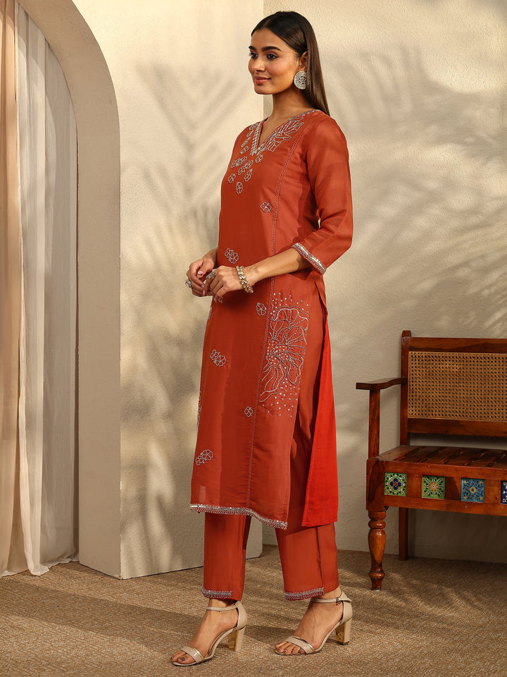 Libas Art Rust Embroidered Silk Blend Straight Suit Set With Dupatta