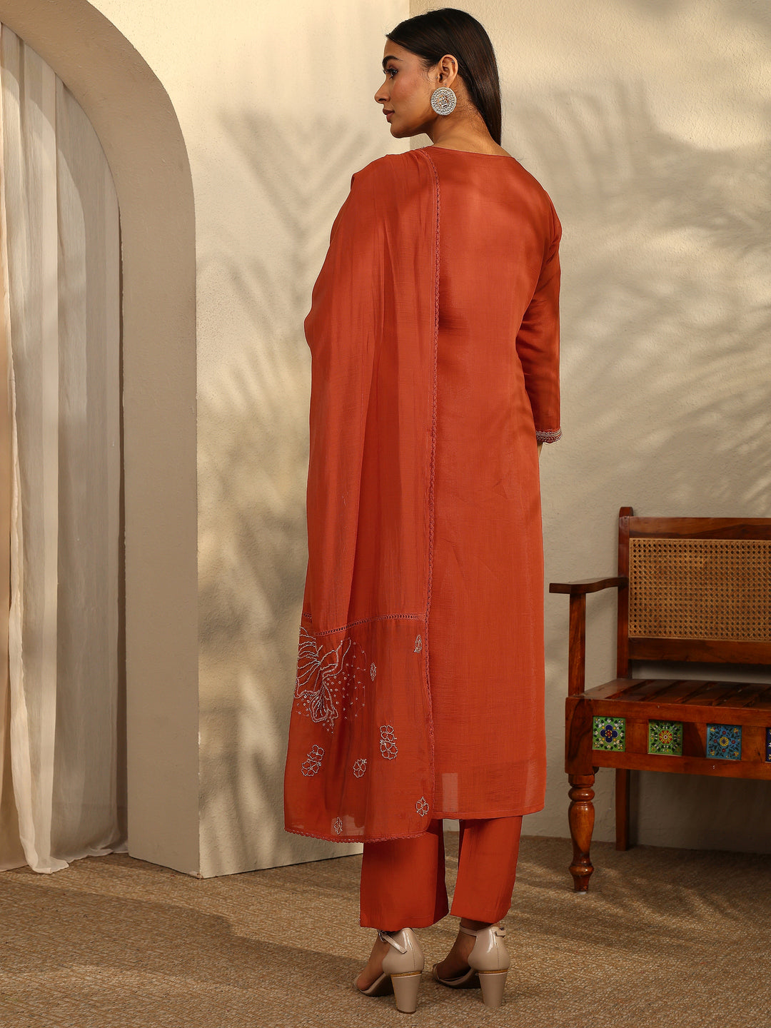 Libas Art Rust Embroidered Silk Blend Straight Suit Set With Dupatta