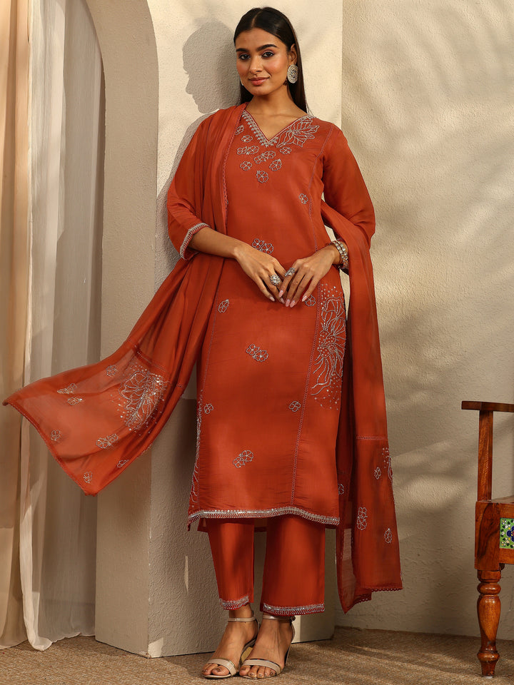 Libas Art Rust Embroidered Silk Blend Straight Suit Set With Dupatta