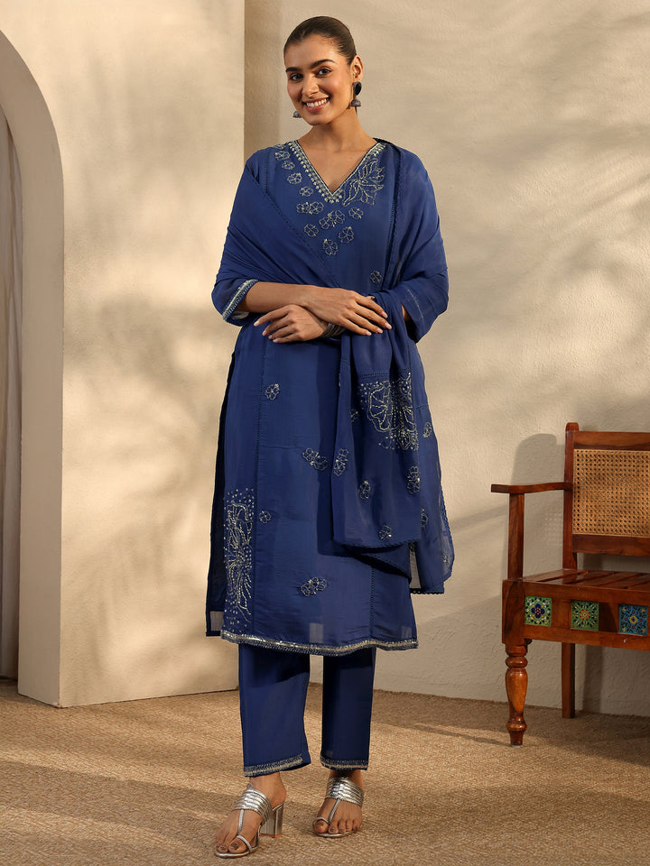 Libas Art Blue Embroidered Silk Blend Straight Suit Set With Dupatta