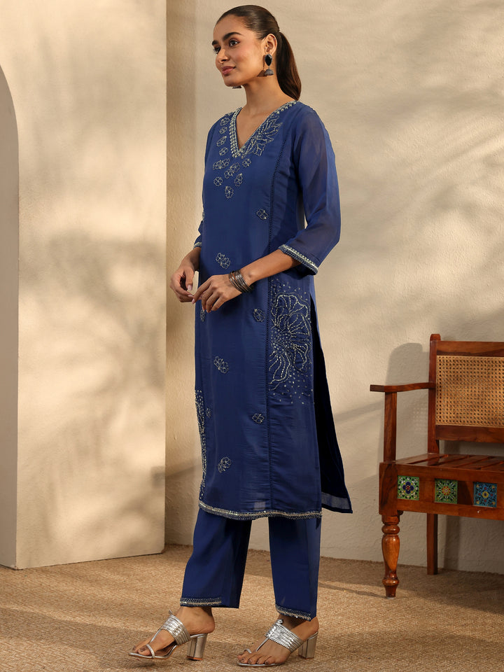 Libas Art Blue Embroidered Silk Blend Straight Suit Set With Dupatta
