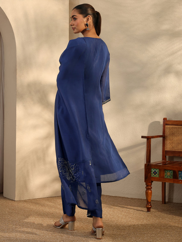 Libas Art Blue Embroidered Silk Blend Straight Suit Set With Dupatta