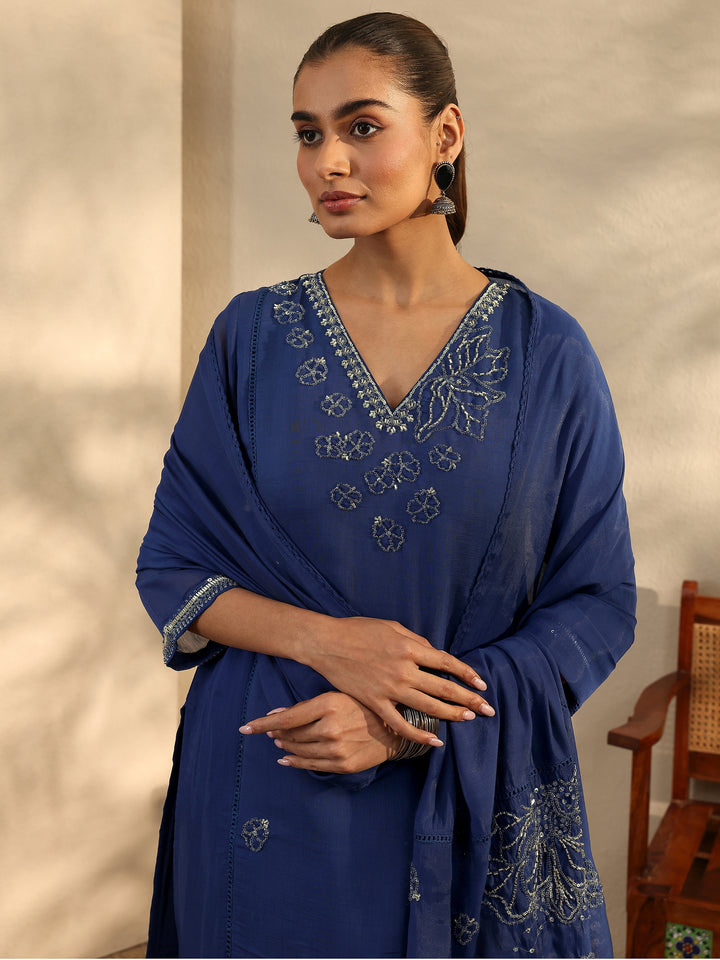 Libas Art Blue Embroidered Silk Blend Straight Suit Set With Dupatta