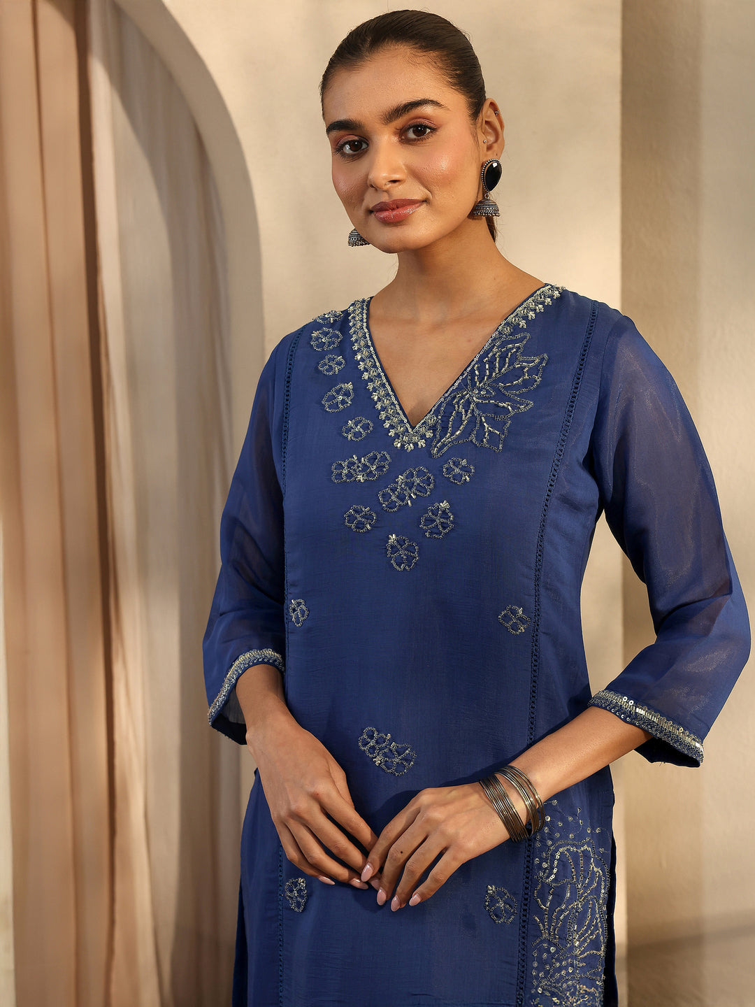 Libas Art Blue Embroidered Silk Blend Straight Suit Set With Dupatta