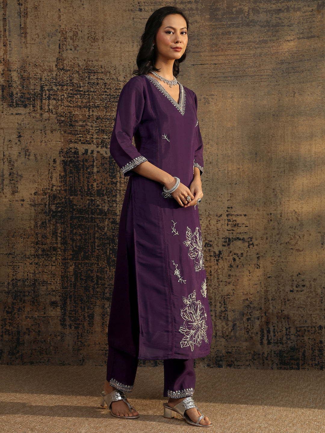 Libas Art Burgundy Embellished Silk Blend Straight Suit Set With Dupatta