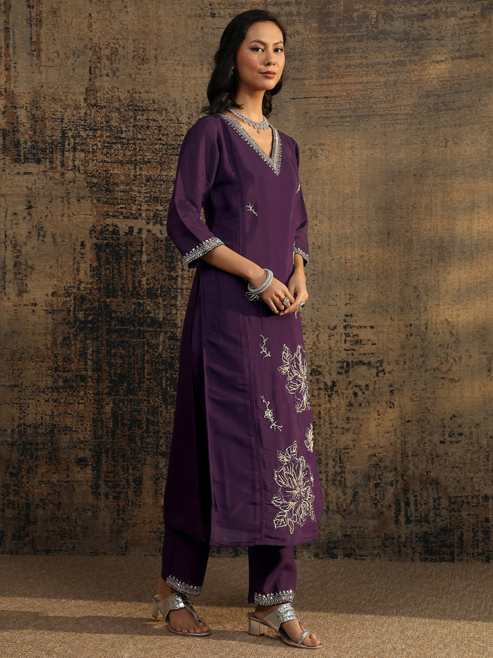 Libas Art Burgundy Embellished Silk Blend Straight Suit Set With Dupatta
