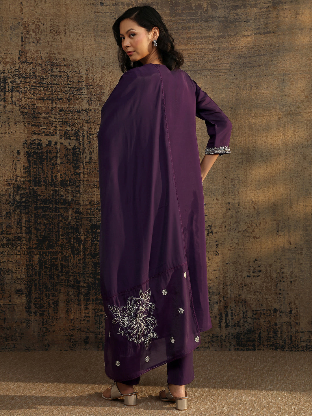 Libas Art Burgundy Embellished Silk Blend Straight Suit Set With Dupatta