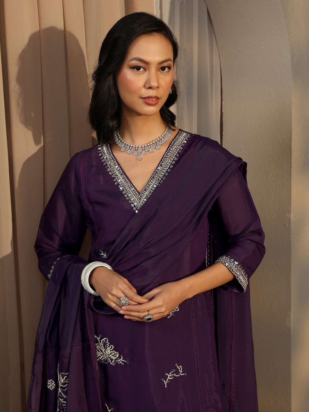 Libas Art Burgundy Embellished Silk Blend Straight Suit Set With Dupatta