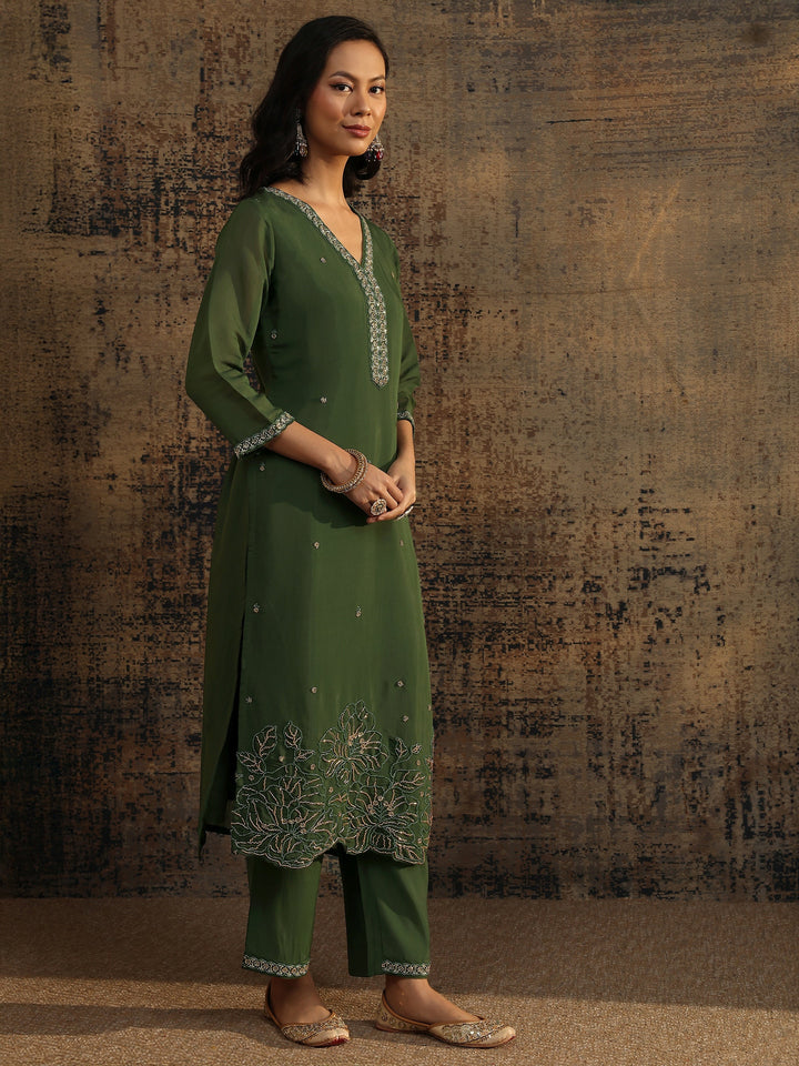 Libas Art Green Embellished Silk Blend Straight Suit Set With Dupatta