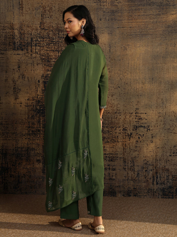 Libas Art Green Embellished Silk Blend Straight Suit Set With Dupatta