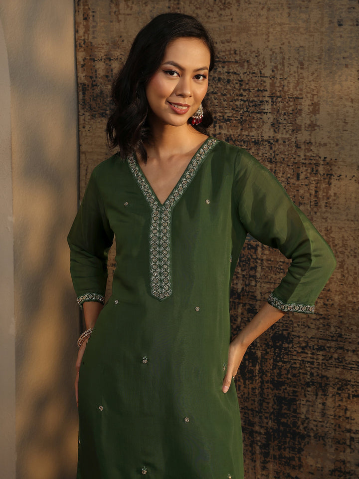 Libas Art Green Embellished Silk Blend Straight Suit Set With Dupatta