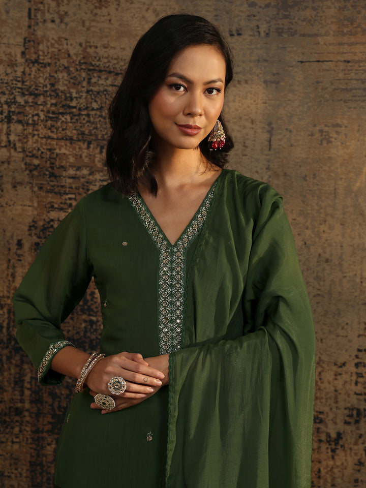 Libas Art Green Embellished Silk Blend Straight Suit Set With Dupatta