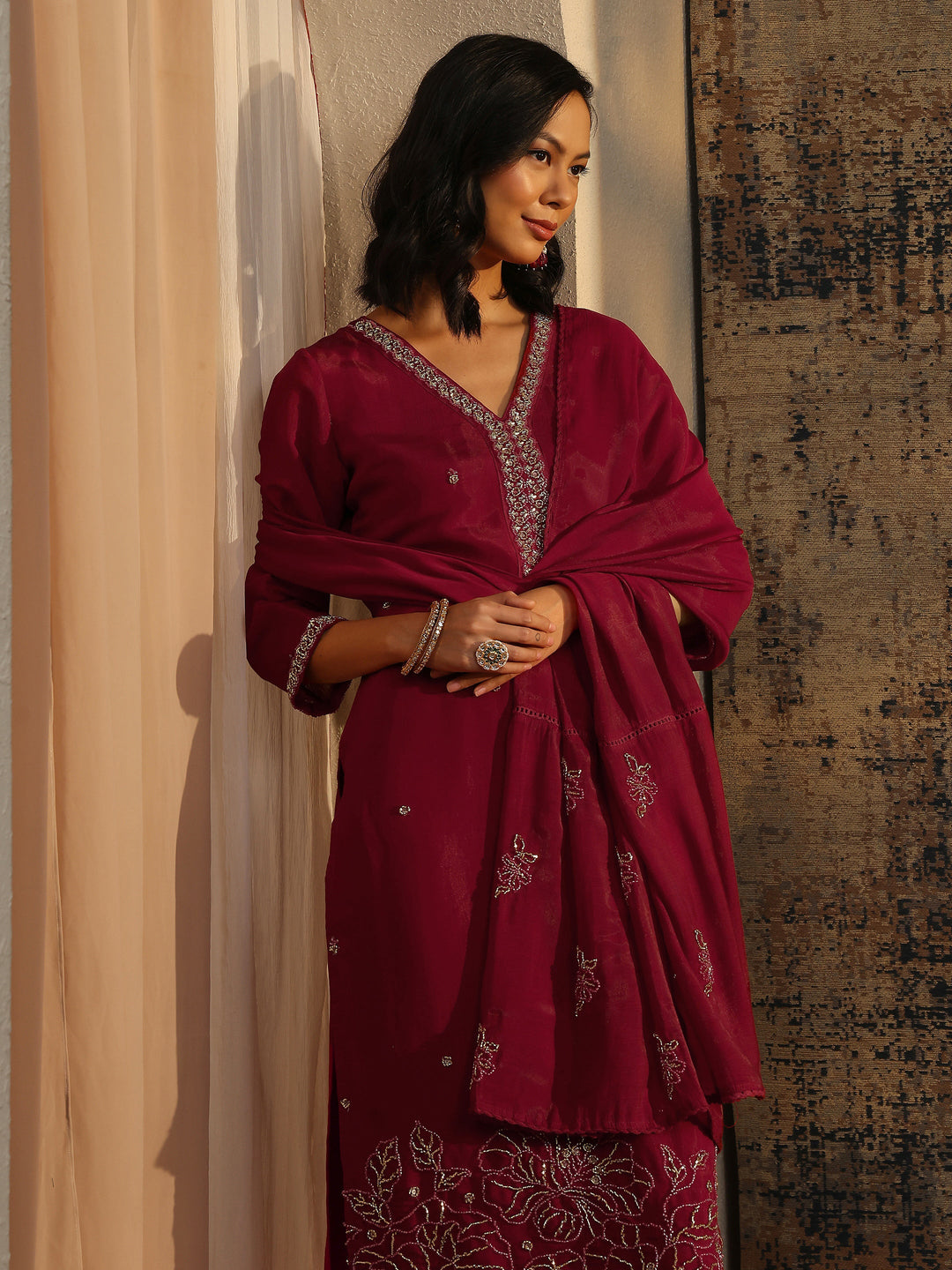 Libas Art Red Embellished Silk Blend Straight Suit Set With Dupatta