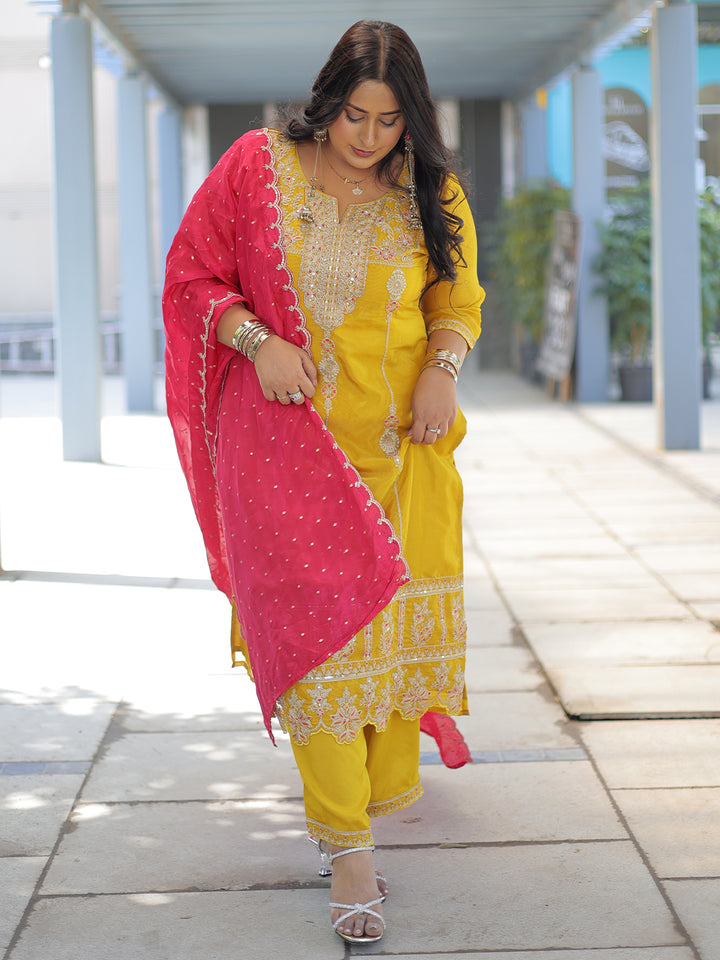 Libas Art Mustard Embroidered Organza Straight Suit Set With Dupatta